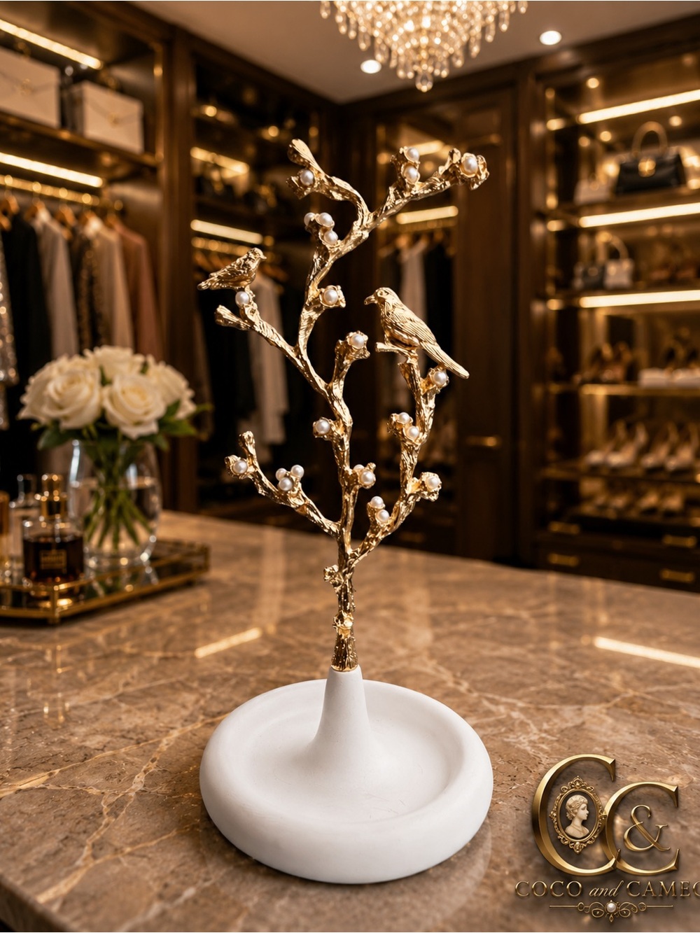 🌹 Gold Bird Pearl Jewelry Stand | Branch Tree Ring Holder Trinket Display Decor - Picture 3 of 8